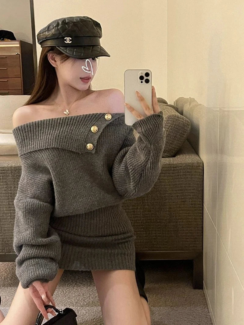 White Knitted Mini Dress Women Fashion Sexy Black Slash Neck Wrap Sweater Dresses Winter Korean Elegant Bodycon A Line Vestidos - Seprincess