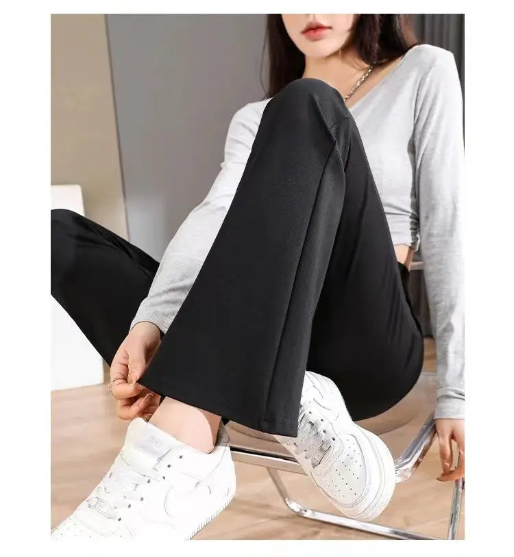 Black All-match Patchwork Pockets Classics Micro Flare Trousers Summer Thin Ventilate Elastic High Waist Women's Casual Pants