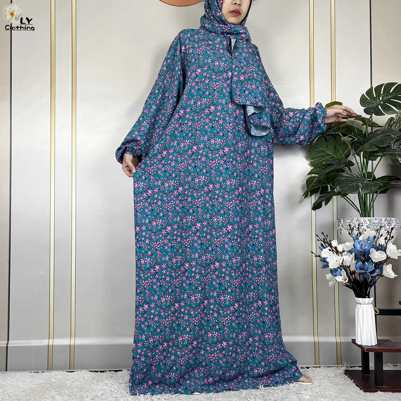 2024Latest Muslim Abayas For Women Ramadan Prayer Maxi Dubai Turkey Femme Cotton Robe Floral Loose African Dress Turban Attached