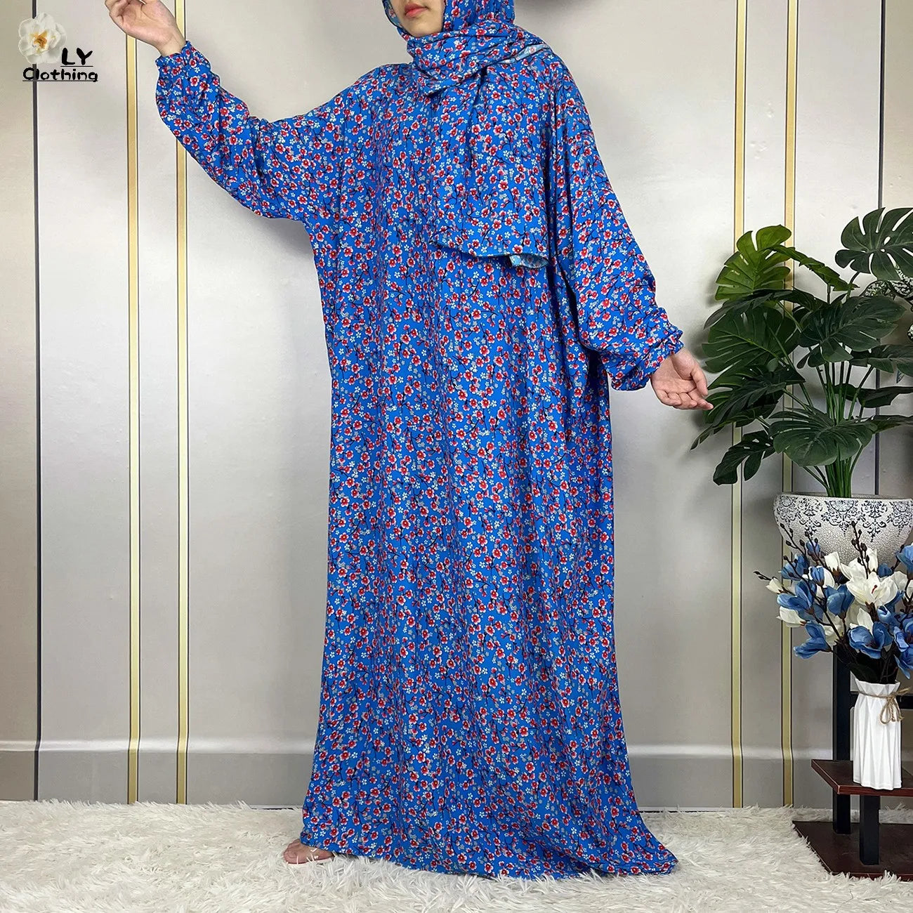 2024Latest Muslim Abayas For Women Ramadan Prayer Maxi Dubai Turkey Femme Cotton Robe Floral Loose African Dress Turban Attached