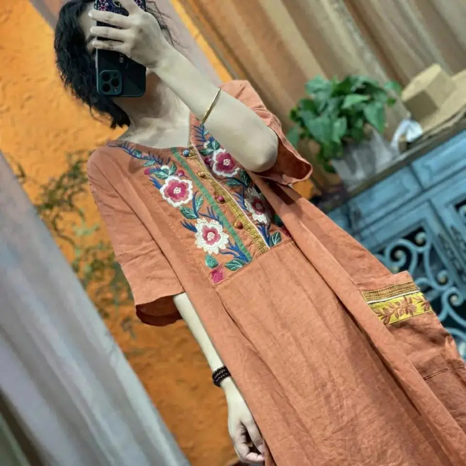 2023 Chinese national style linen embroidery v-neck button up skirt loose vintage dress women loose dress cheongsam dress pd - Seprincess