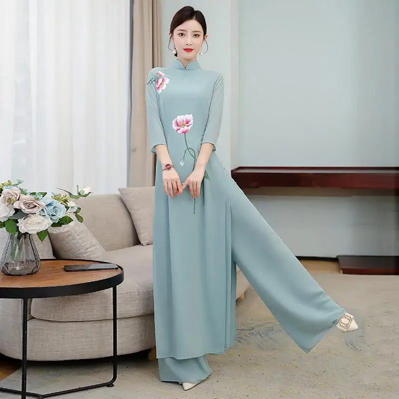 Spring Summer Ao Dai Cheongsam Folk Style Vietnam Chiffon Aodai Graceful Elegant Women Chinese Traditional Dress Improve Qipao - Seprincess