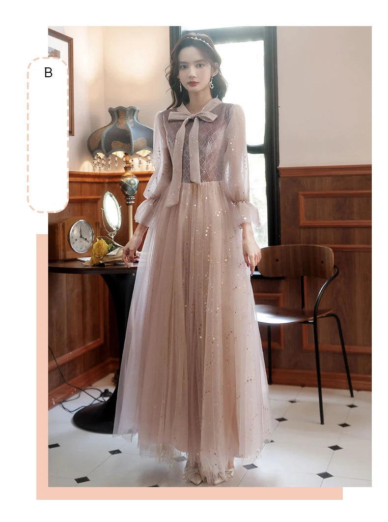 Autumn Winter Bridesmaid Dress New Women's Long Sleeve Corduroy Lace Splicing Style Dress Wedding Sisters Group Evening Dresses - Seprincess