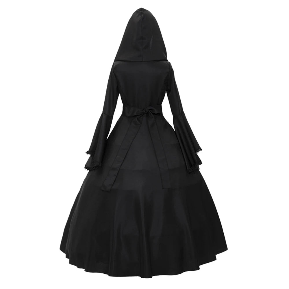 Women's Halloween Party Lace-up Cloak Cape Gothic Dresses Witch Charming Flare Sleeve Big Swing Medieval Hooded Dress Costumes - Seprincess