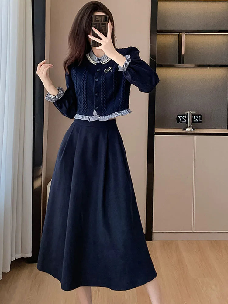 2023 Autumn Fashion Two Pieces Set Korean Women Vintage Ruffles Knitted splicing Shirt Top + A-Line Midi Skirts Elegant Outfits - Seprincess