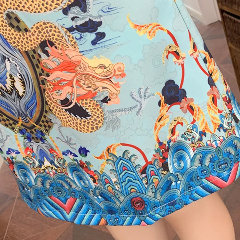 Red Blue Loose 2024 New Fashion Modern Chinese Cheongsam A-line Dress Women 3/4 Sleeve Qipao Traditional Chinese Clothes - Seprincess