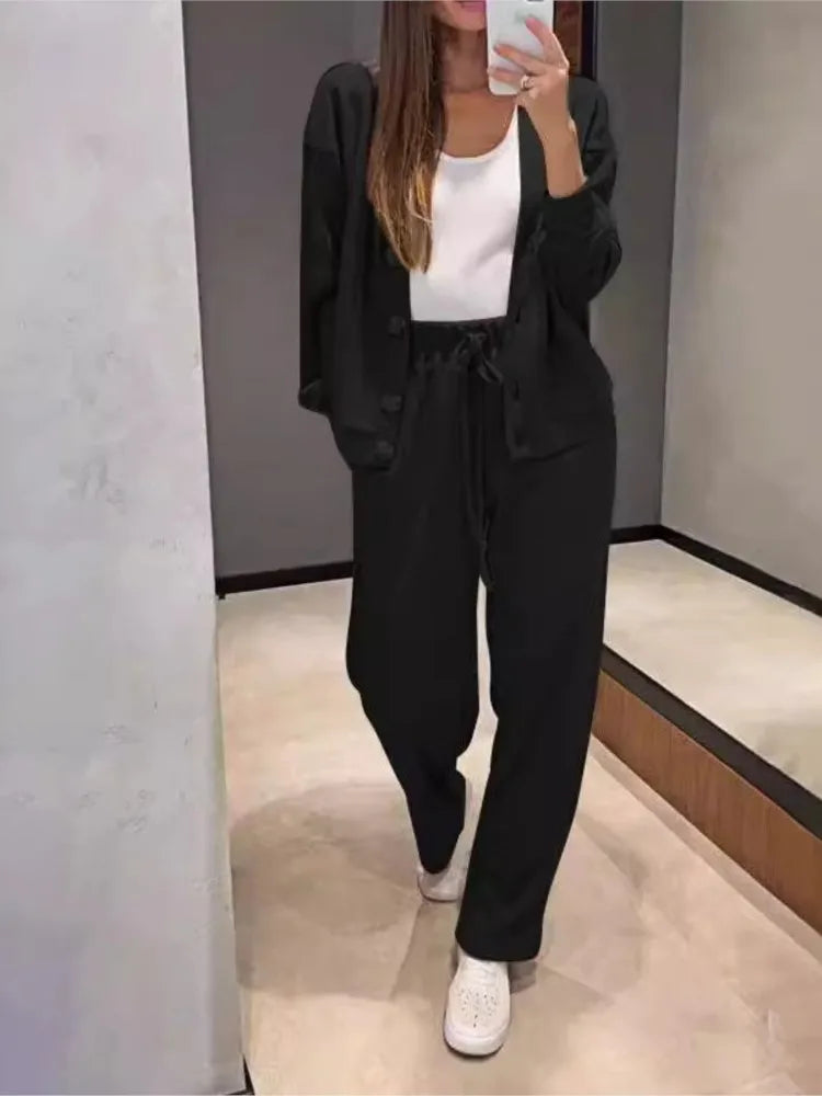 Autumn Fashion Knitted Cotton Women's Sports Jacket Suit Simple Trousers Pocket Casual Cardigan Elegant 2-piece Set Female - Seprincess