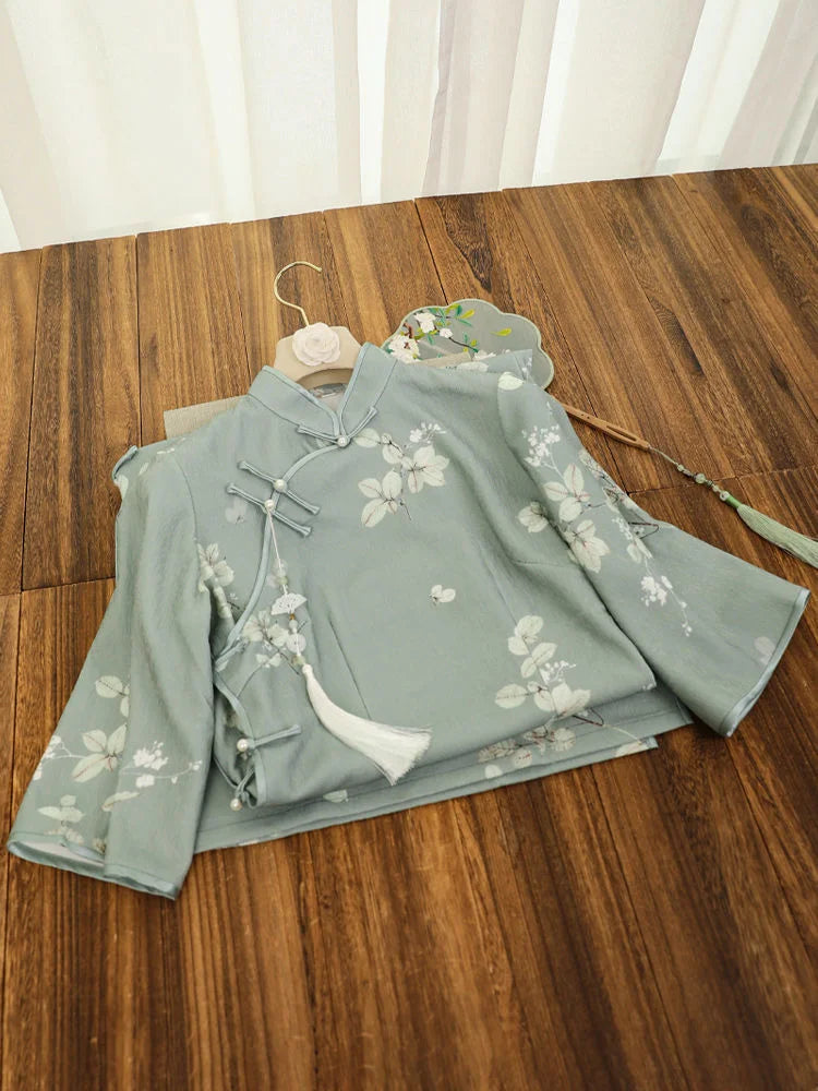 Inverted Sleeves Daily Green Flower Slim Qipao Women's Autumn Improved Modern Vintage Chinese-traditional-dress Cheongsam New - Seprincess