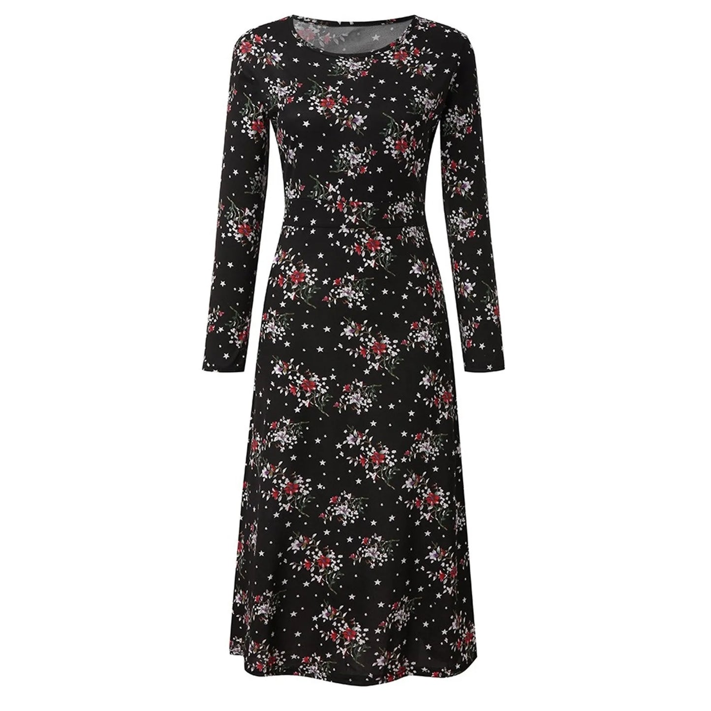 2024 Women's Casual Dress Elegant Female Loose Midi Dress Long Sleeve Floral Print Summer O Neck Dress 2024 Bohemia Clothing - Seprincess