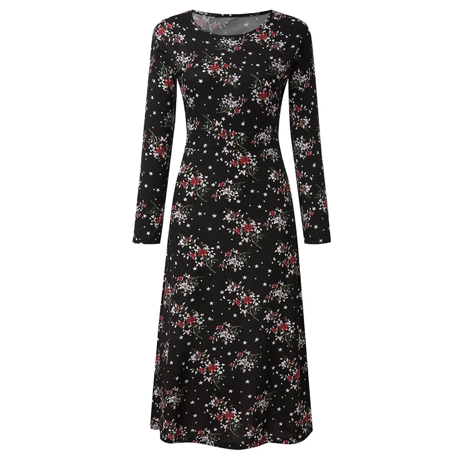 2024 Women's Casual Dress Elegant Female Loose Midi Dress Long Sleeve Floral Print Summer O Neck Dress 2024 Bohemia Clothing - Seprincess