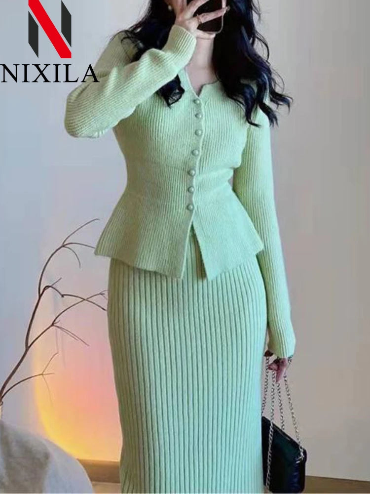 New Autumn Winter Dress Two Piece Sets Womens Outifits Korean Fashion Elegant Women's Cardigan Long Skirt Sets Female Clothing - Seprincess