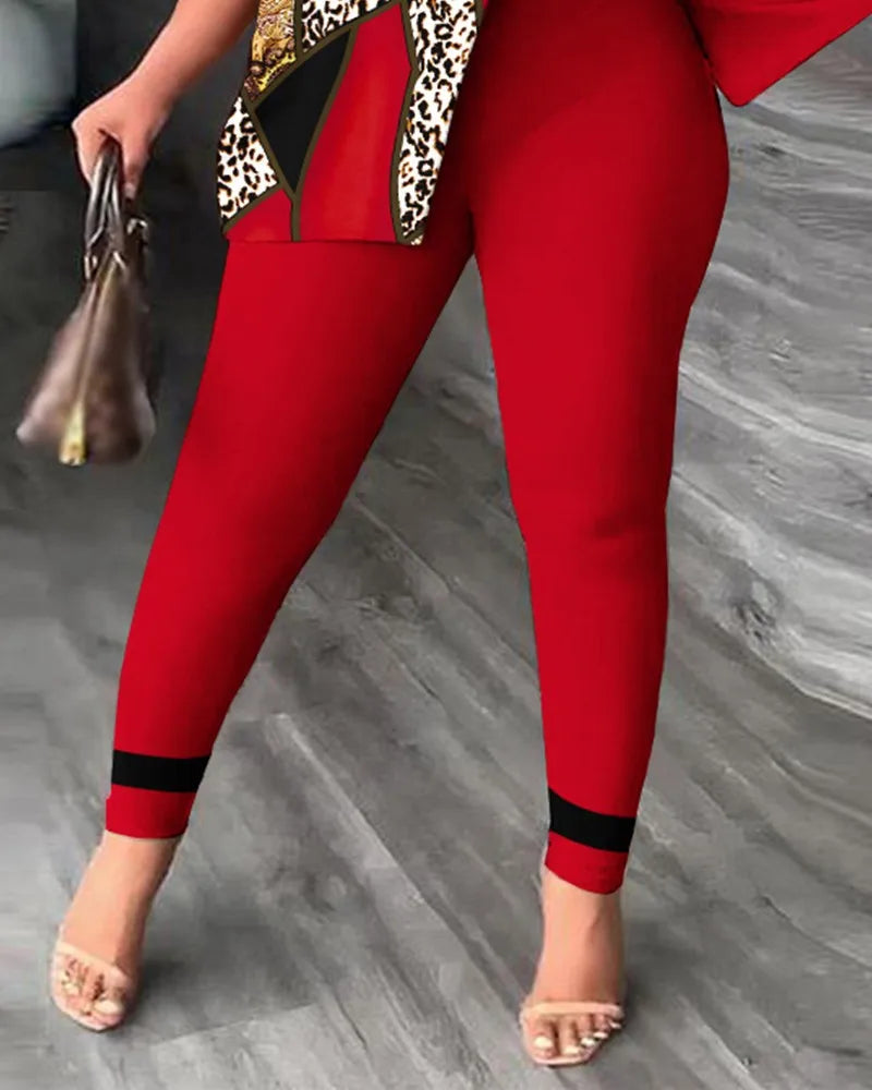 Elegant Women Two Piece Set Suits New Fashion Printed Ruffle Sleeve Top Solid Color Pants Set With Belt Blouses Female Clothing