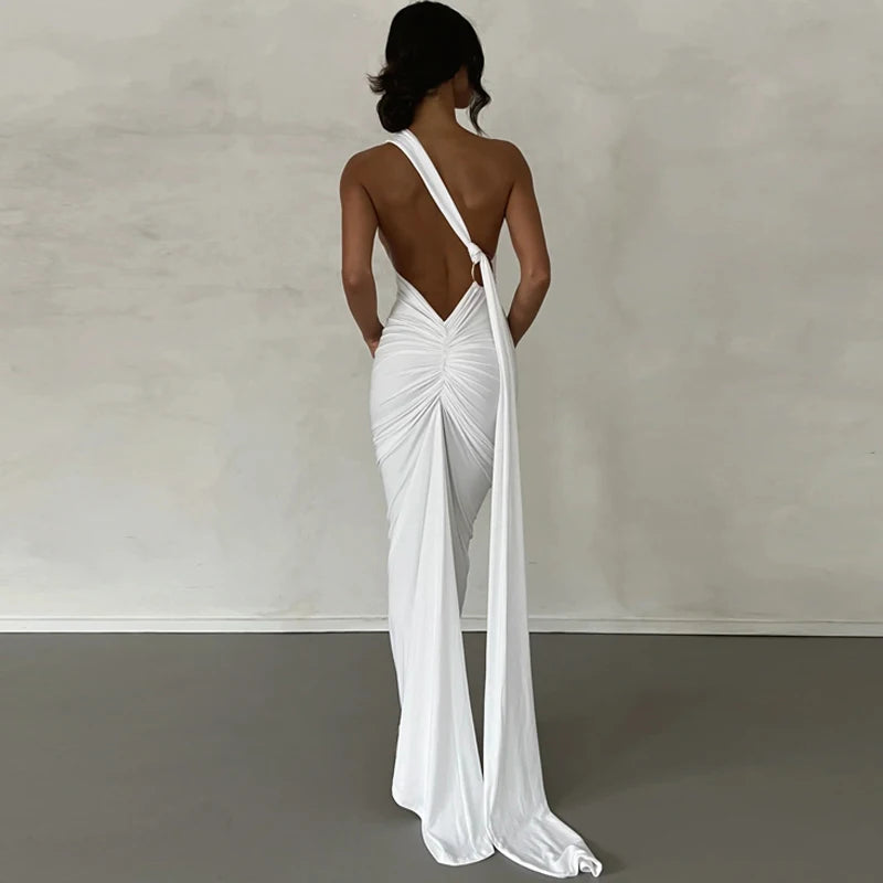 2023 One Shoulder Backless Adjustable Scarf Loop Ruched Sexy Maxi Dress Women Elegant Y2K Streetwear Festival Outfit