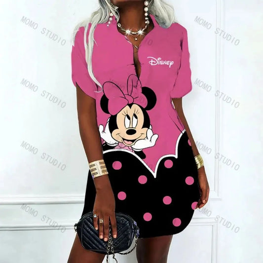 Mickey Minnie Mouse Sexy Dress for Women Y2k Elegant Women's Dresses for Party 2024 V-Neck Korean Fashion Disney Polo Shirts 2XL - Seprincess