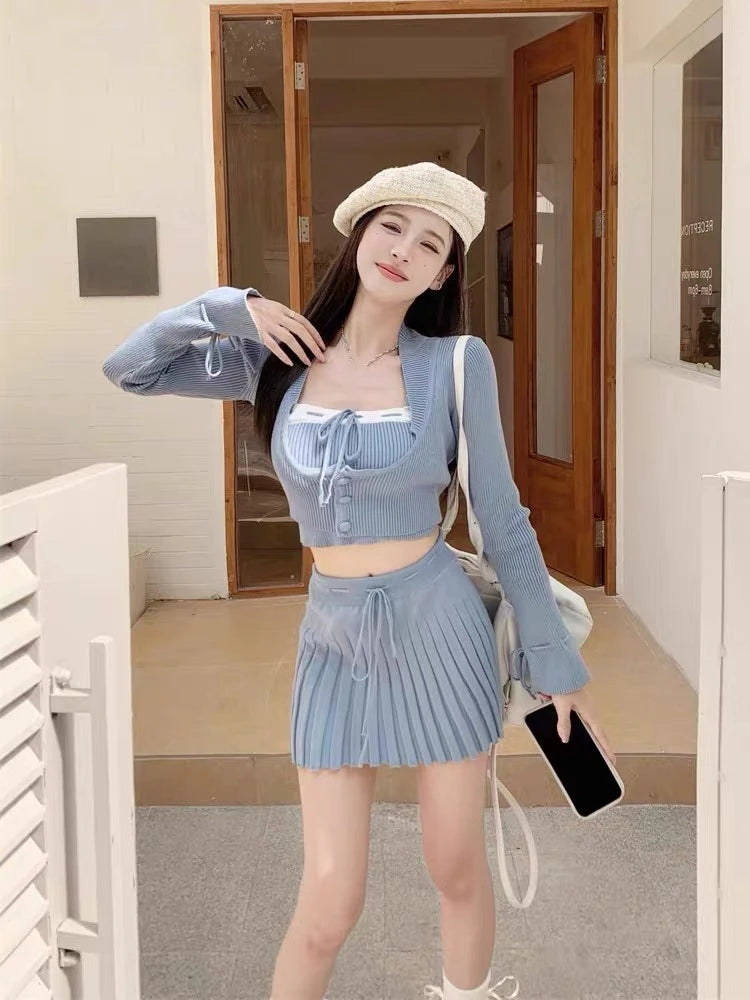 Y2k Sweet Outfits Woman Solid Knitted Cropped Patchwork Vest + Slim Cardigan + Mini Pleated Skirt Spring Korean Chic 3 Piece Set - Seprincess