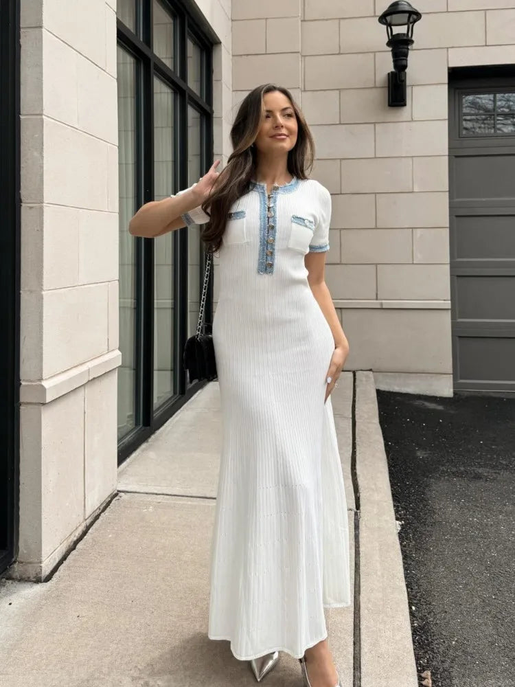 Elegant Contrasting Women Knit Maxi Dress Chic O-neck Short Sleeve Metal Buttons Bodycon Dresses 2024 Office Lady Commuting Robe - Seprincess