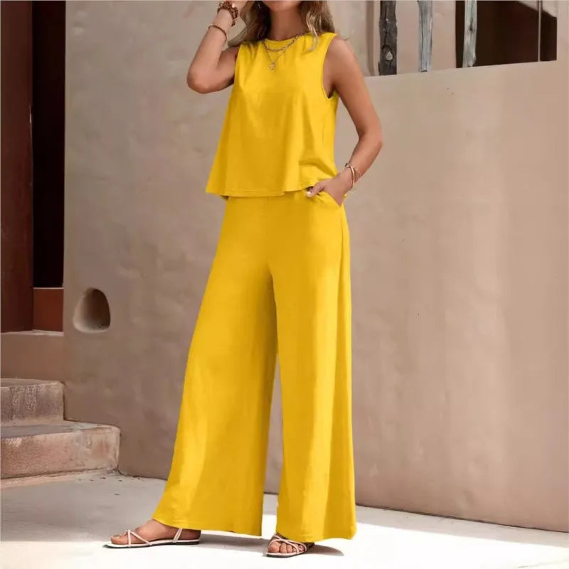 Women's Set 2024 Summer New Yellow Round Neck Sleeveless Shirt Wide Leg Pants Two Piece Set For Women Versatile Casual Outfits - Seprincess