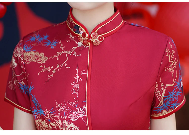 Red Chinese Style Modern Cheongsam Summer New Improved Stitching Short Women's Qipao Dress - Seprincess