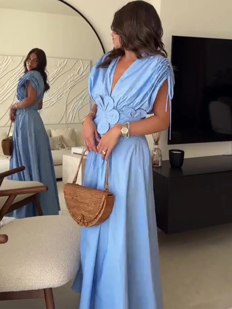 Summer Elegant Pleated Bow V Neck Blue Long Dresses For Women 2024 New Off Shoulder Sleeveless Maxi Dress Ladies Vacation Robe - Seprincess