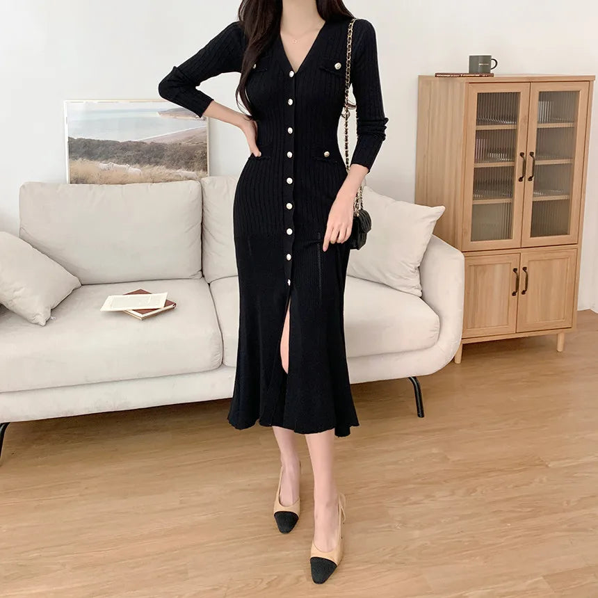 Summer Midi Dress Women Knitted Black Bodycon Korea Style Ruffle Ladies Dresses Elegant Fashion Casual Woman Dress 2024 - Seprincess