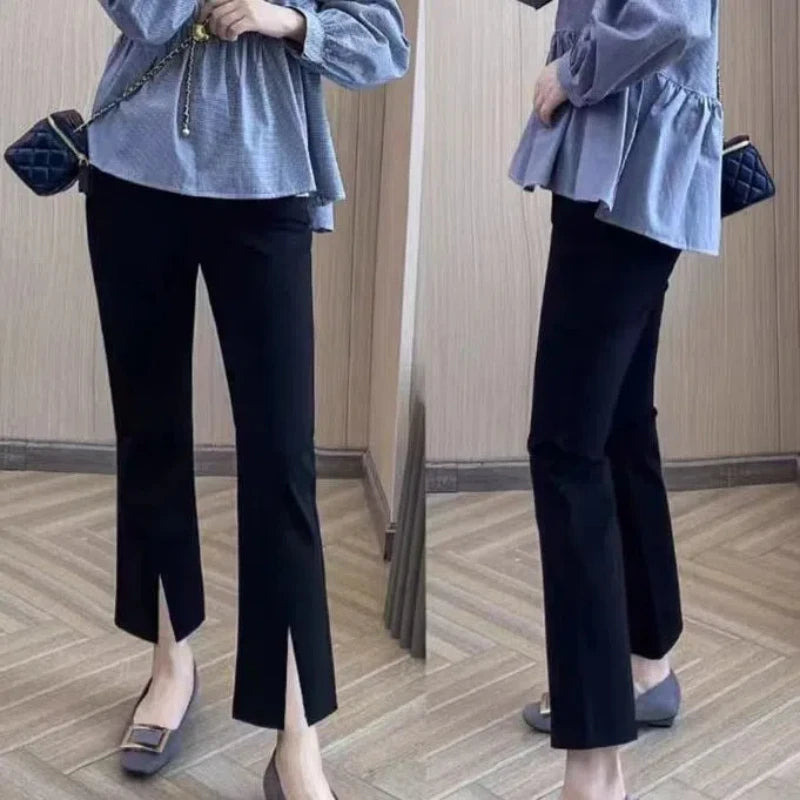 Spring Autumn Women's Clothing Solid Elastic High Waisted Pockets Casual Formal Trousers Straight Office Lady Cropped Pants