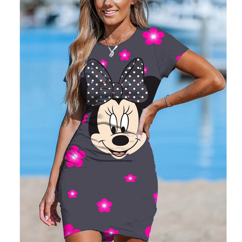 Disney Minnie Mickey Mouse Elegant Pencil Dress Womens Simple Sheath Office Dresses Summer Short sleeve Casual Night Club Dress - Seprincess