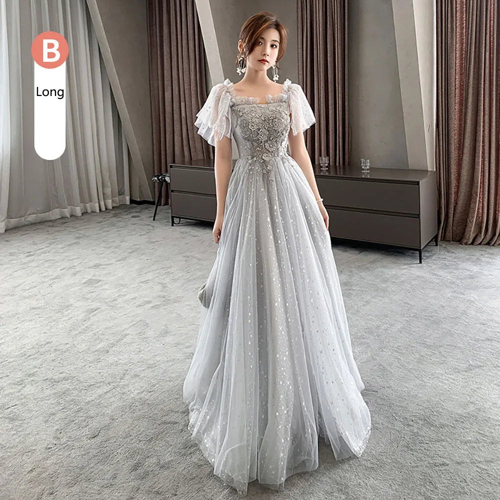 Bridesmaid Dress Women Lantern Sleeve Sequin Tulle Party Dresses Fairy Stage Performance Elegant Ladies Banquet Evening Gown - Seprincess