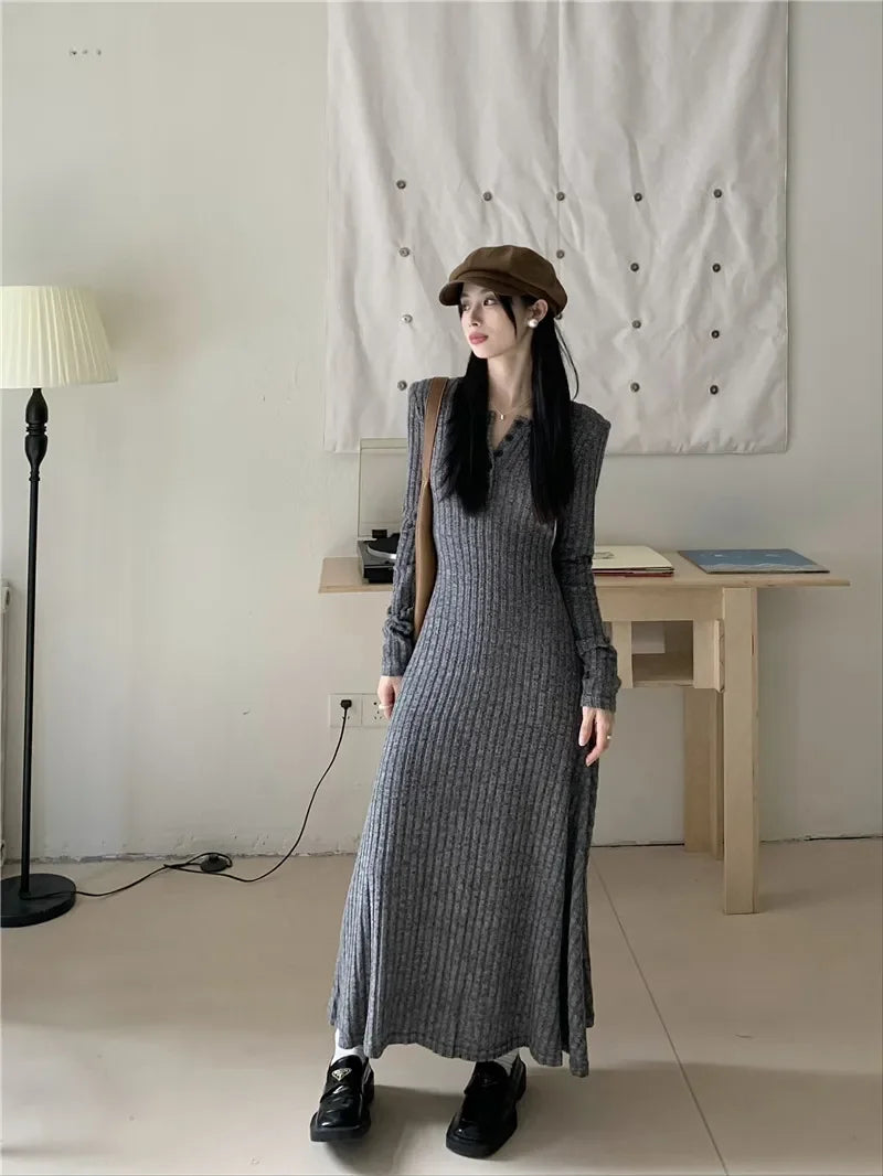 Vintage Versatile Knitted Long Sleeve Dress Women's Slimming A- line Skirt Autumn/winter Waist-fitted Long Dress