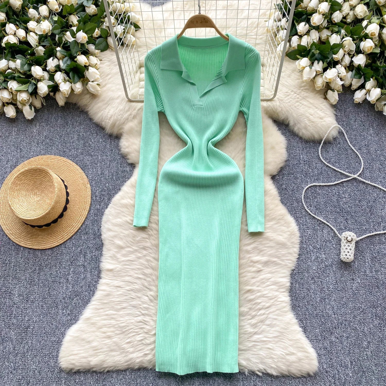 SINGREINY French Vintage Sweater Dress 2024 Ladies Lapel Long Sleeves Autumn Fashion Solid Basics Bodycon Knitted Long Dress - Seprincess