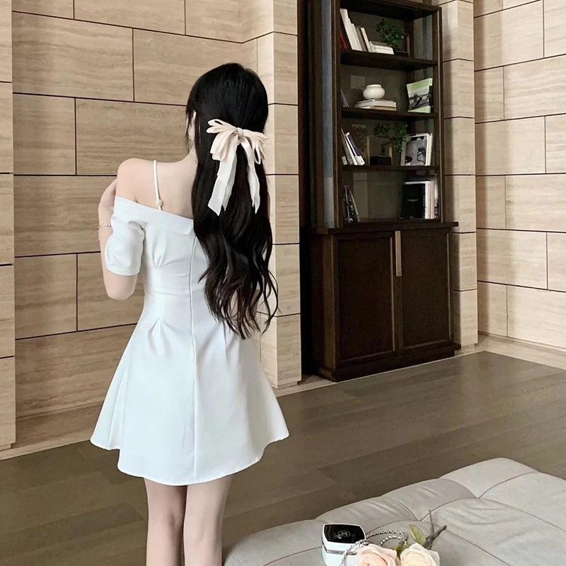 Zoki Bow Sexy Slash Neck Dress Women Summer Korean Elegant White Mini Dress Fashion All Match Party Night Camis Vestidos - Seprincess