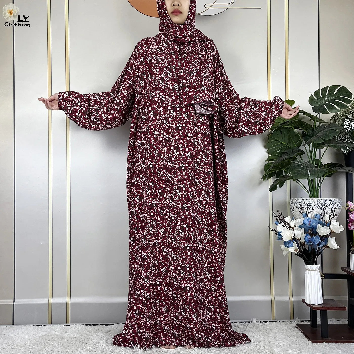 2024Latest Muslim Abayas For Women Ramadan Prayer Maxi Dubai Turkey Femme Cotton Robe Floral Loose African Dress Turban Attached