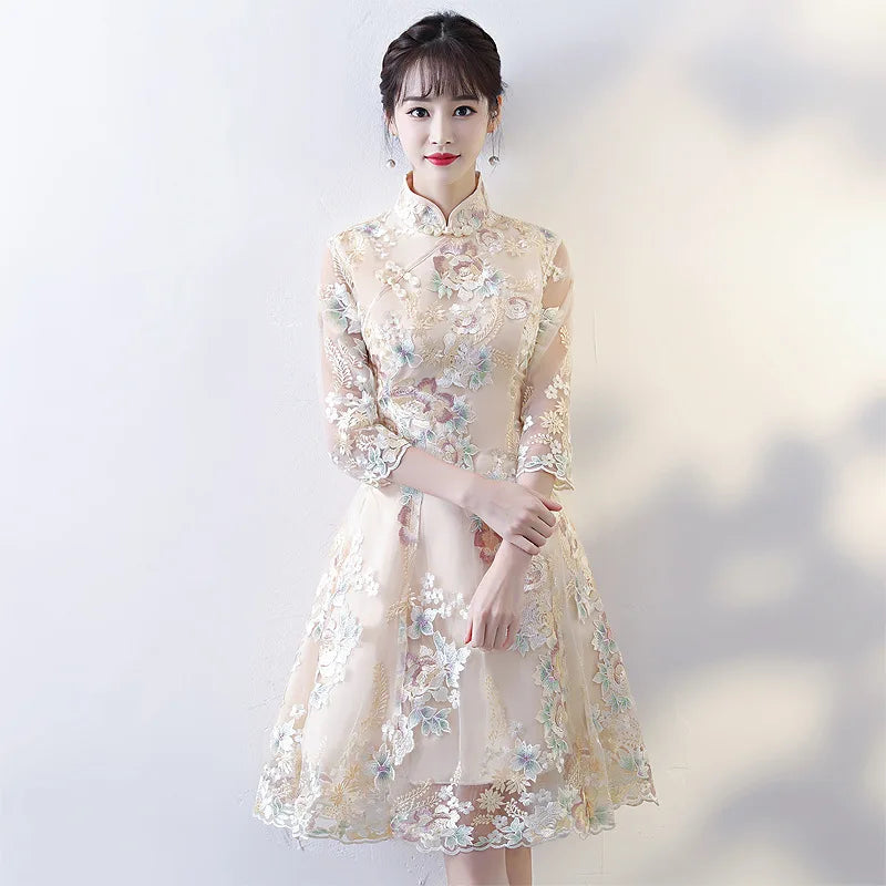 Vintage Chinese Style Wedding Dress Retro Toast Clothing Mini Gown Marriage Cheongsam Qipao Party Evening Dress Vestidos Clothes - Seprincess