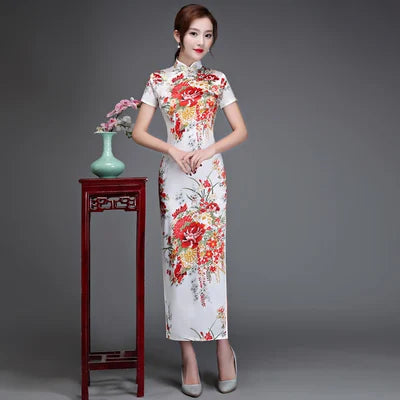 Old Shanghai Elegant Women Satin Qipao Slim 3/4 Sleeve Long Dress New Traditional Chinese Mandarin Collar Cheongsam Vestidos - Seprincess