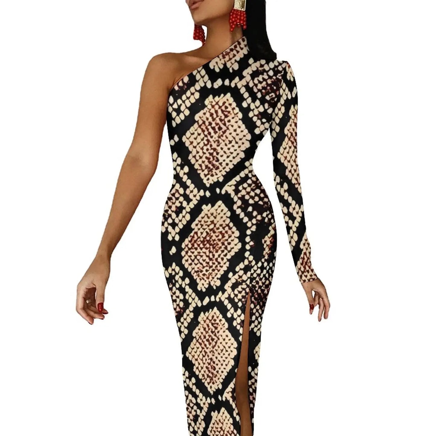 Vintage Snake Skin Brown Bodycon Dress Woman  Kawaii Maxi Dress Long Sleeve Party Custom Dresses Birthday Gift - Seprincess