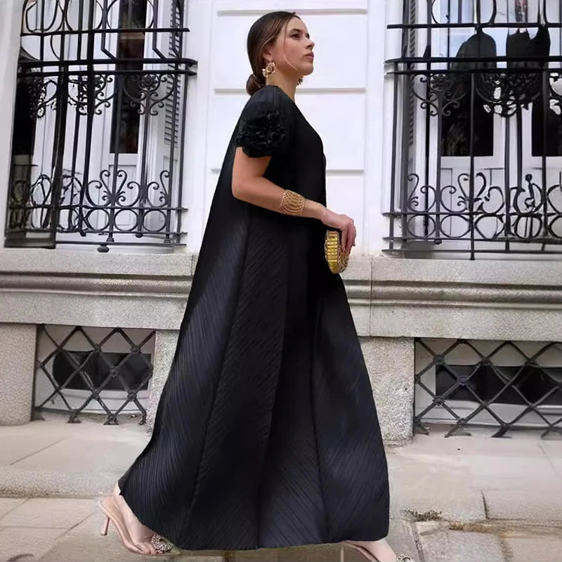 ANLAN Miyake Pleated Maxi Long Dress Mesh Petal Sleeve Half Turtleneck Formal Dresses for Women 2024 New Hot Sales 6KK9927 - Seprincess