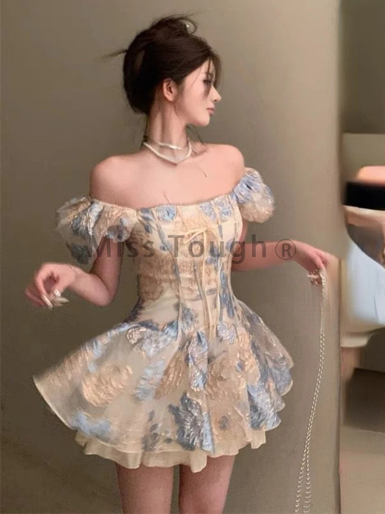 Square Neck Elegant Sweet New Dress Women Fairy Bow Party Mini Dress Female Short Sleeve Print Fashion Boho Beach Dress Summer - Seprincess