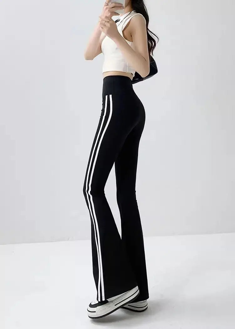 Women Stripe Flared Shark Pants Thin Style Yoga Leggings High Waist Hip Liftting Workout Running Fashion Skinny Sports Leggings