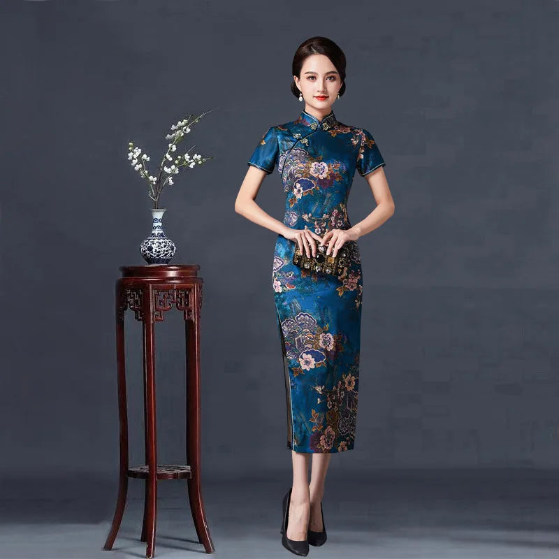 2023 New Vintage Long Cheongsam Women Sexy Slim Split Qipao Classic Chinese Traditional Dress Print Flower Evening Party Dress - Seprincess