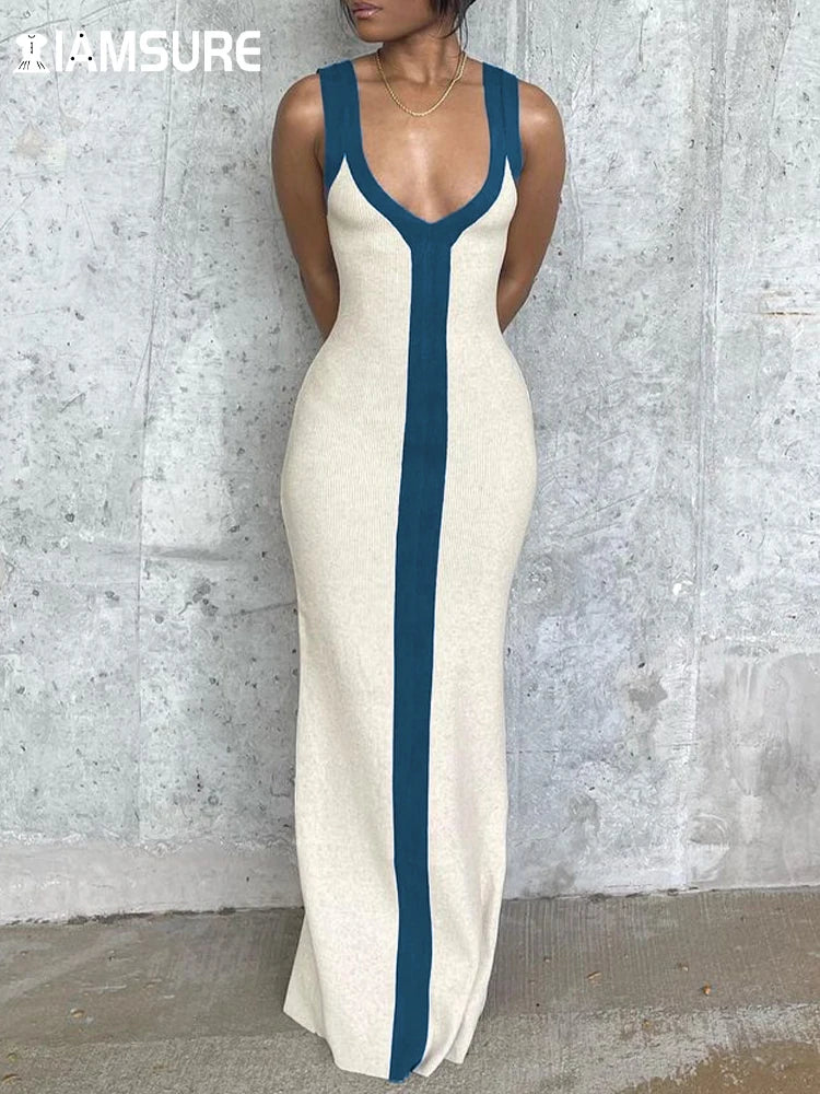 IAMSURE Holiday Sexy Contrast Color Striped Long Dress Slim Skinny V-Neck Sleeveless Maxi Dresses For Women 2023 Summer Fashion - Seprincess