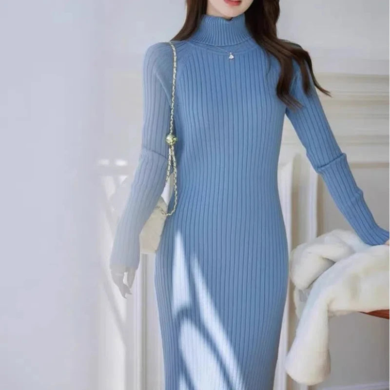 Autumn Winter New Fashion Turtleneck Long Sleeve Solid Women's Clothing Korean Knitting Slim Temperament Trend Sweet Chic Dresse - Seprincess