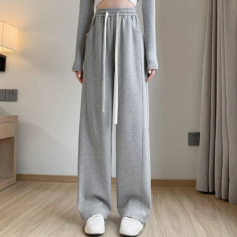 2024 Women High Waisted Leisure Loose Pants Girls Casual Straight Leg Slacks Female Baggy Light Grey Khaki Beige Black Trousers