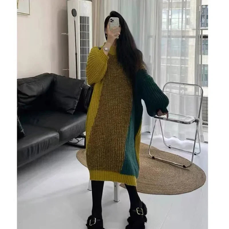 Women Clothing Chic Contrast Style Thick Knitted Dresses Winter Patchwork Vintage Korean Fashion Y2k Dresses - Seprincess