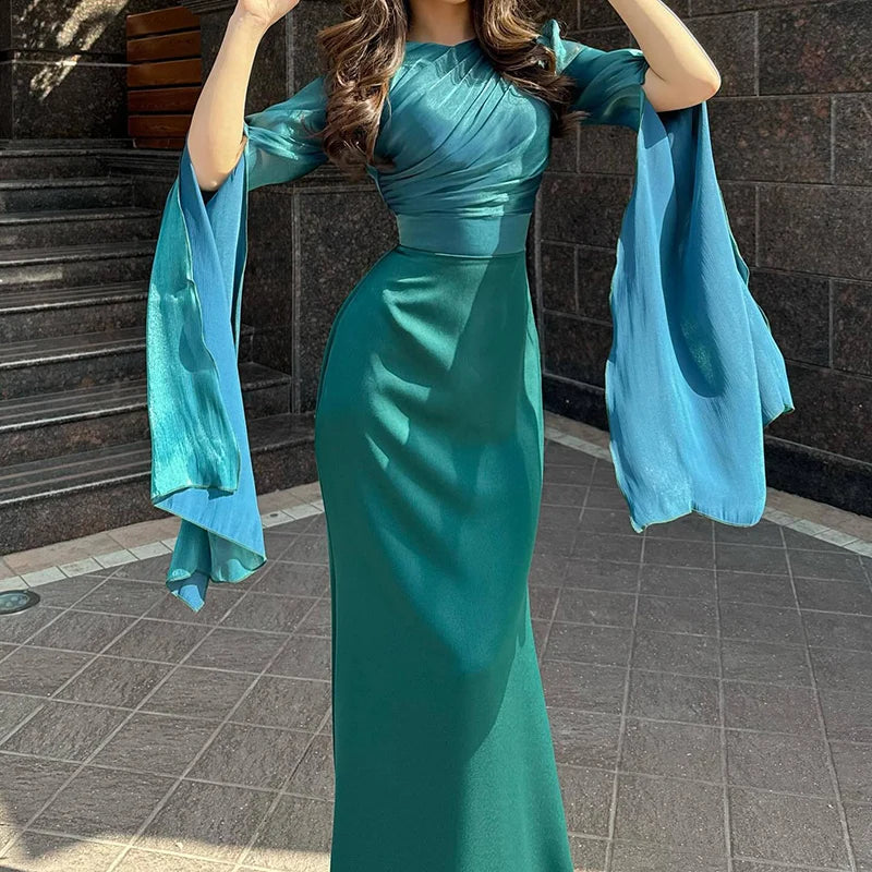 Fashion Satin Solid Robe Dress Ladies Temperament O-neck Slim Evening Dress Elegant Batwing Sleeves High Waist Pleats Long Dress - Seprincess