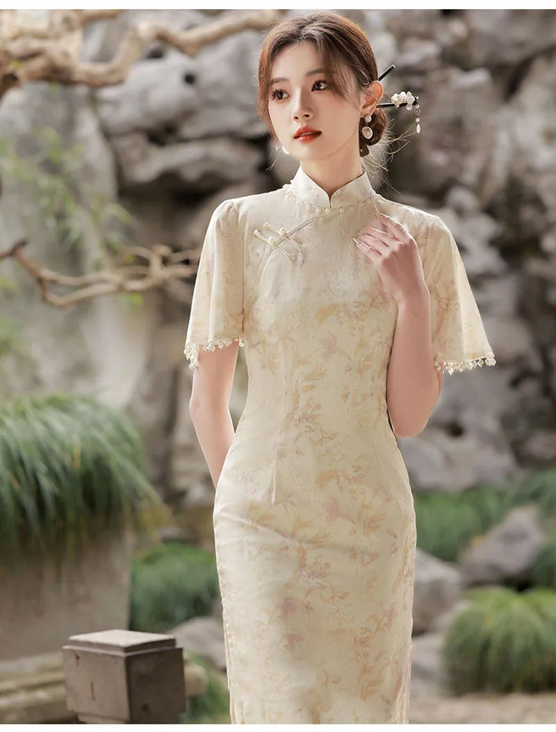 2024 Spring Traditional Cheongsam Short Sleeve Soft Vintage Dress Slim Party Wedding Costumes Elegant Long Qipao S To XXL - Seprincess