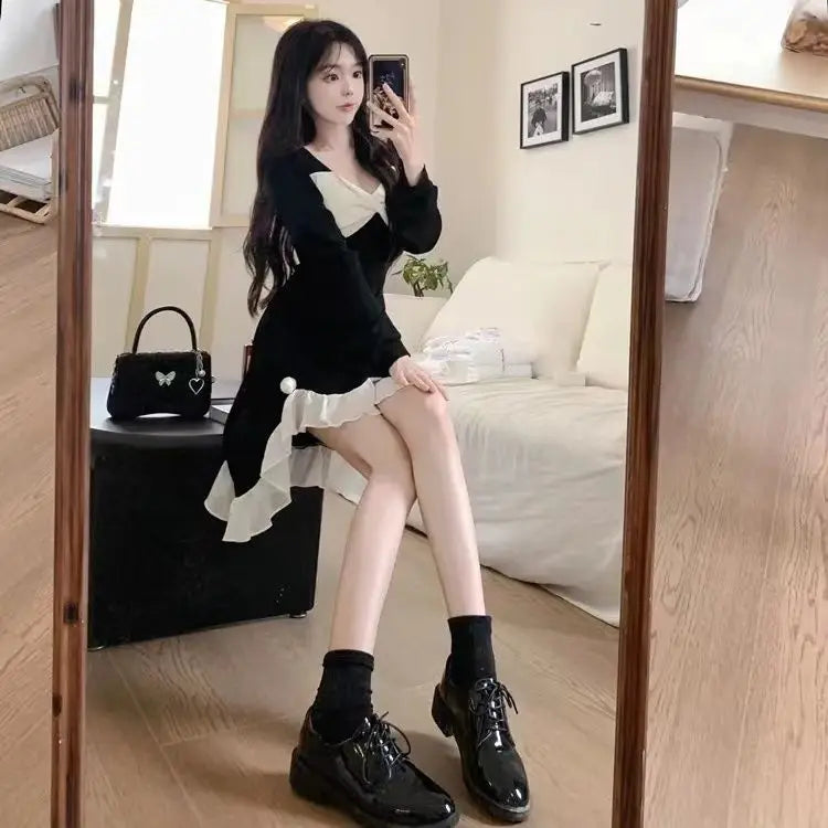 Spicy Girl Irregular Black Long Sleeved Dress Plus Size Women's Clothing Fat Mm Slimming Dress Black Dress High-end - Seprincess