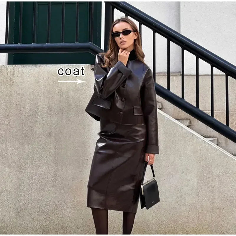 Pu Leather Long Sleeve Jacket Button Hip Mini Skirt Suits Women New Solid Slim Outfits Female Fashion Vintage 2 Piece Set 2024