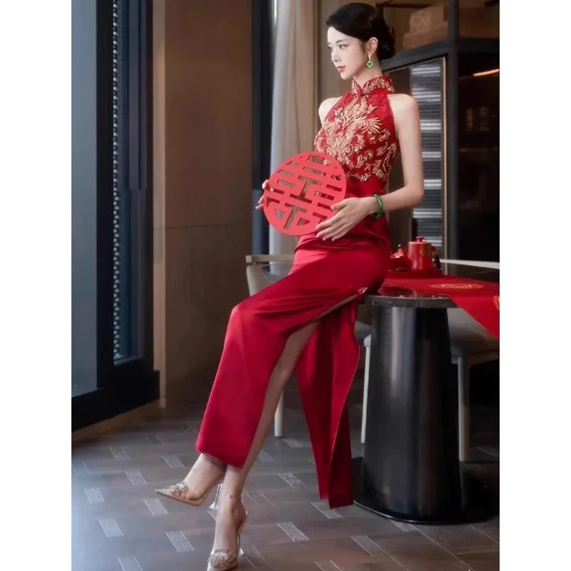 Autumn Traditional Chinese Clothing Qipao Red Sleeveless Stand Collar Embroidery Cheongsam Wedding Dress Elegant Evening Dress - Seprincess