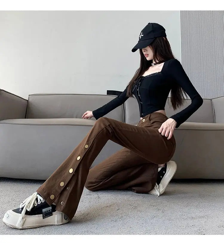 Micro-boot jeans brown buttoned design women's autumn and winter new high-waisted slim straight-leg floor mopping pants