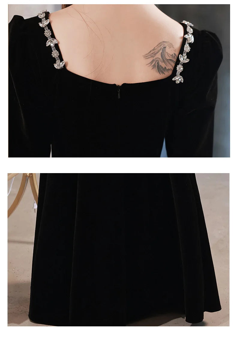 Black Evening Dresses Long Sleeve Square Collar Elegant Velvet Dress Beading Crystal Formal Gowns 2023 New Vestido - Seprincess