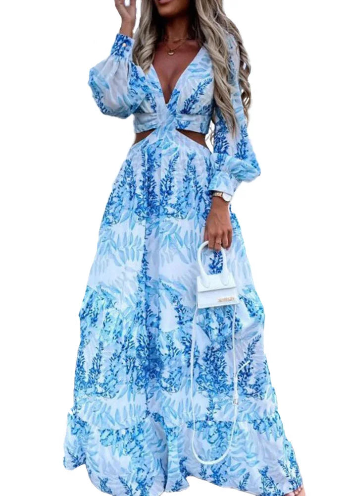 Spring New Long Dress Fashion Print Sexy Deep V-neck Long Sleeved Dress Women's Elegant Hollow Out Ruffle Spliced Maxi Dress - Seprincess